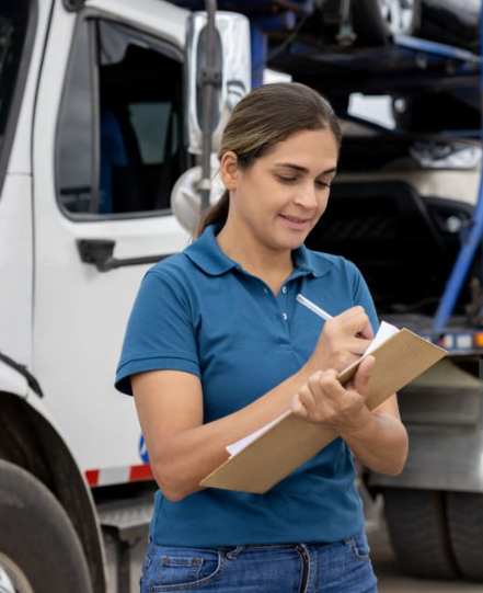 A driver stands beside a transport truck checking the bill of lading during a Maryland car shipping job.