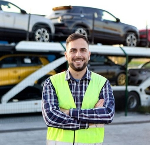 Driver in front of loaded car hauler from the best car transport companies in Maryland
